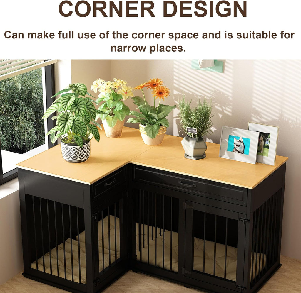 Large Corner Wooden Dog Crate with Double Rooms and Drawers, Black X303075