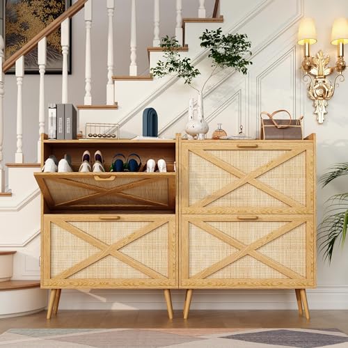 Natural Freestanding Rattan Shoe Cabinet with 2 Flip Drawers P119427