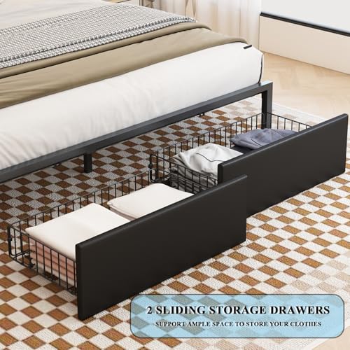 Full Size LED Upholstered Platform Bed Frame with Bookshelf Headboard and 2 Hidden Storage Drawers C231257