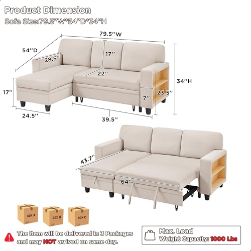 Beige L-Shaped Sleeper Sectional Couch with Storage Chaise J422