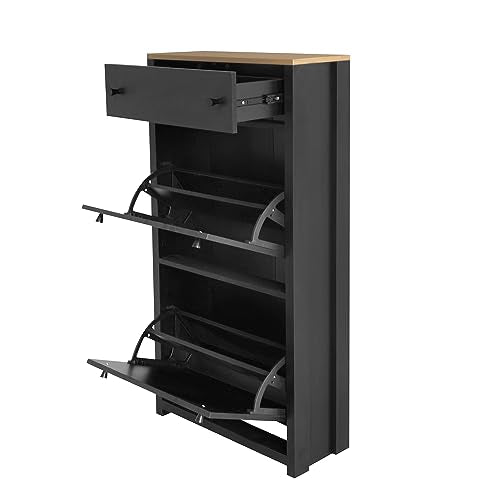 Black Narrow Shoes Cabinet with 2 Adjustable Shelves and Top Drawer O4892