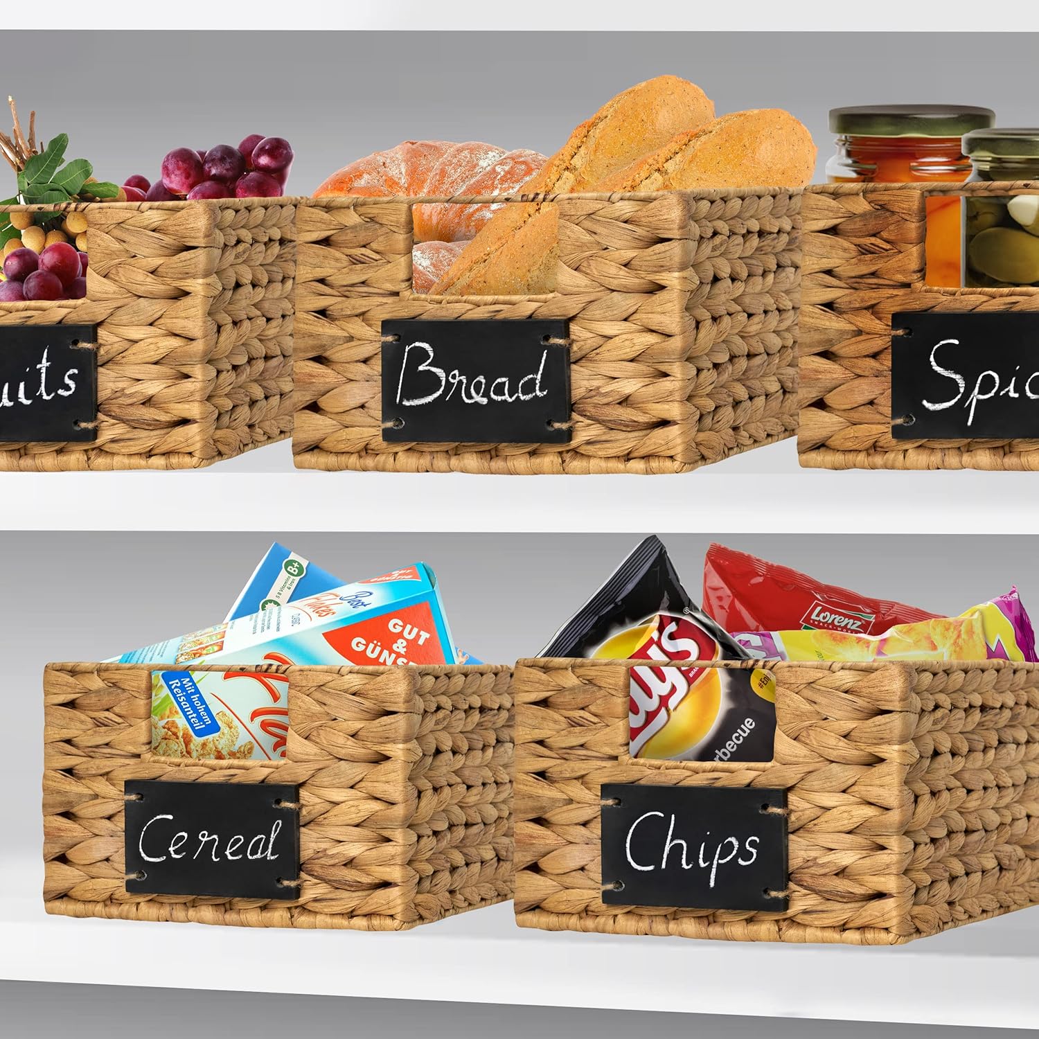 6 Pcs Natural Water Hyacinth Woven Storage Baskets with Handles J946806
