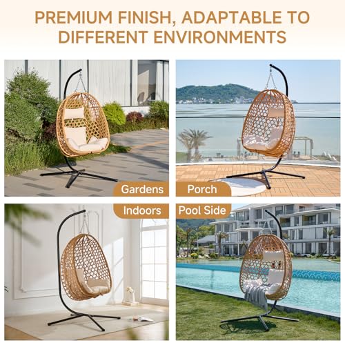 Brown Wicker Hanging Egg Chair with Stand and Cushion D745