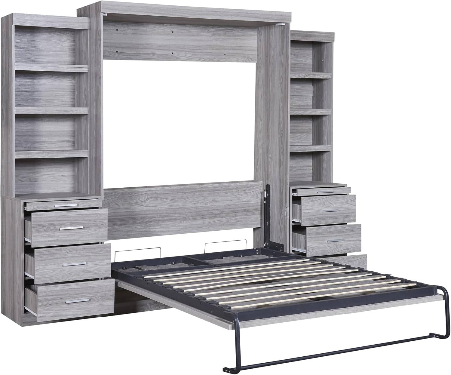 Gray Full Size Wood Murphy Bed with Storage Shelves and Drawers T84061