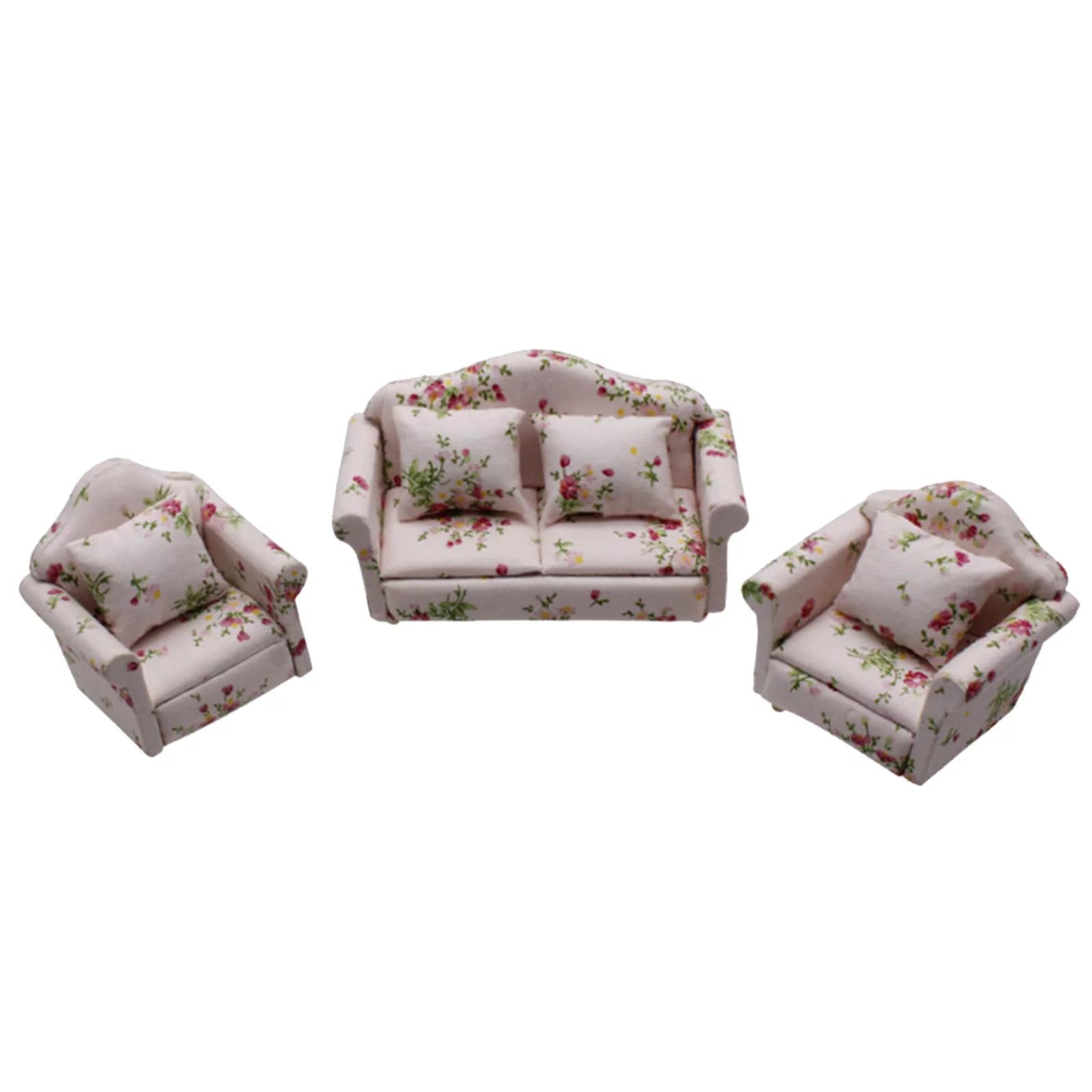 Mini Wood Sofa Couch Set Dollhouse Miniatures Furniture Floral Set H6504