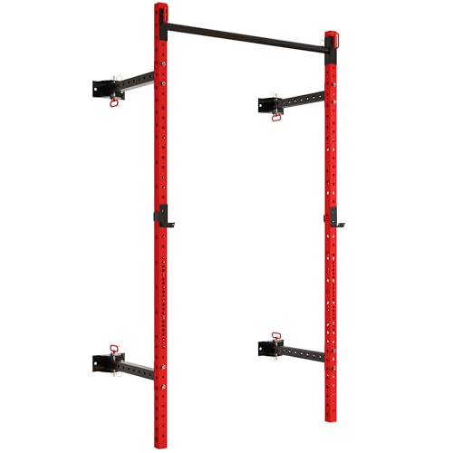 Red Wall Mounted Folding Squat Rack with Pull Up Bar, 1000 Pounds Capacity C116088