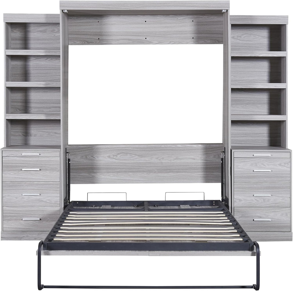 Gray Full Size Wood Murphy Bed with Storage Shelves and Drawers T84061