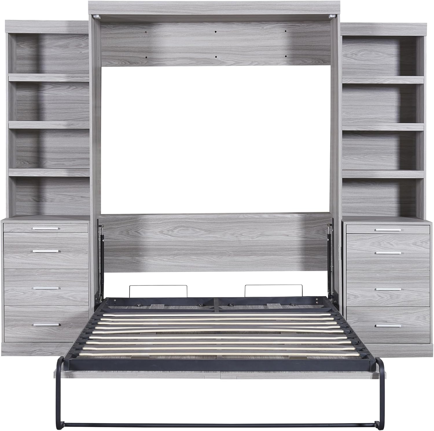Gray Full Size Wood Murphy Bed with Storage Shelves and Drawers T84061