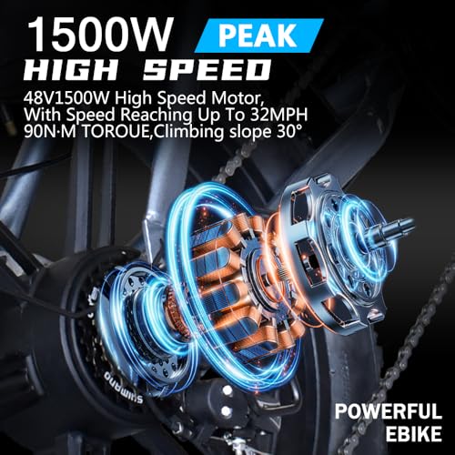 1500W Peak Brushless Motor 30 MPH Fat Tire E Bike with 624-2880Wh Removable Battery 20" Electric Dirt Bike with Dual Suspension and 7-Speed E668