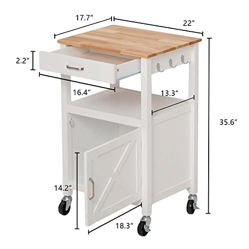 White Rolling Kitchen Island Cart with Storage, Barn Door and Drawer, 36” H K934