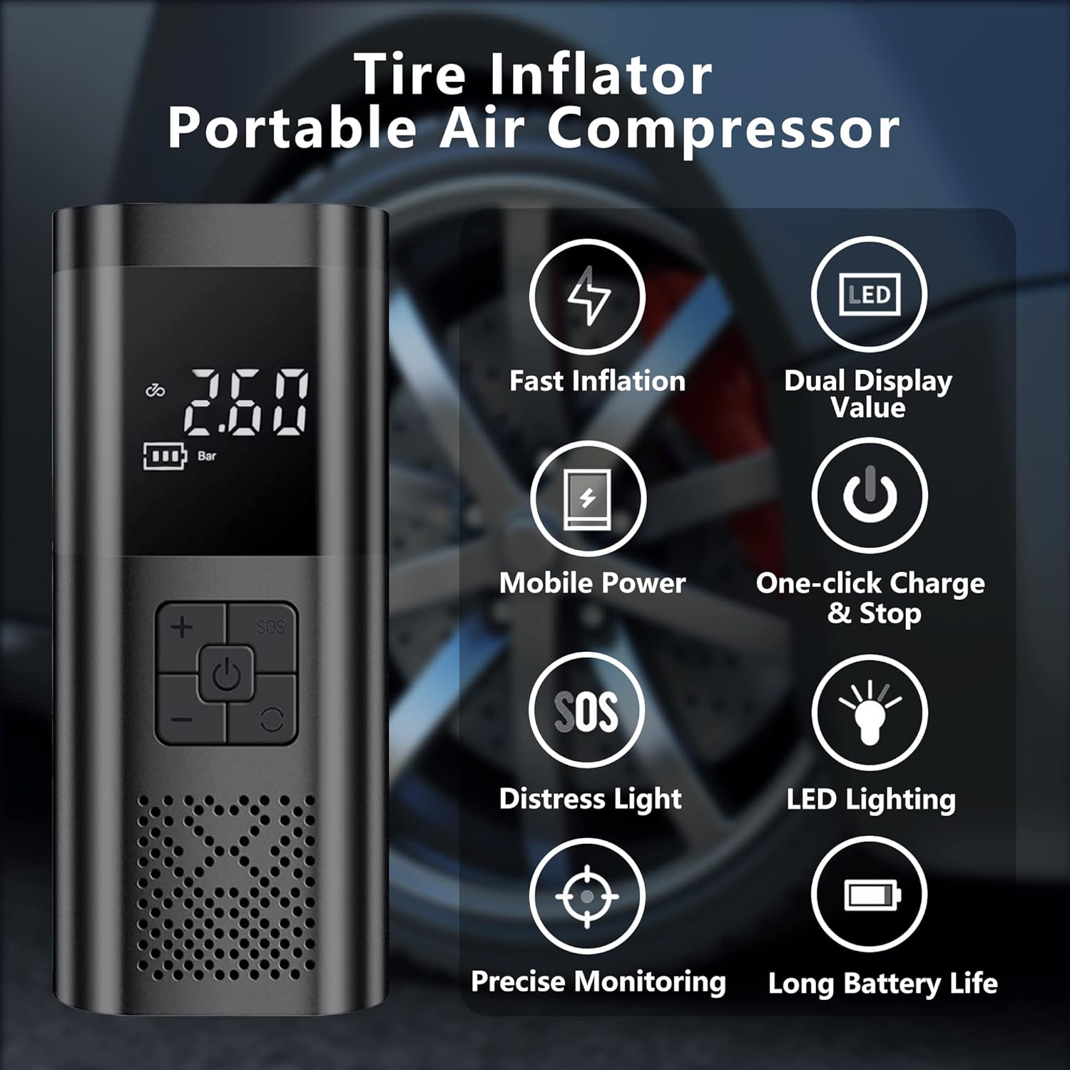 Cordless Portable Tire Inflator Air Compressor with 150PSI Digital Pressure Gauge U473