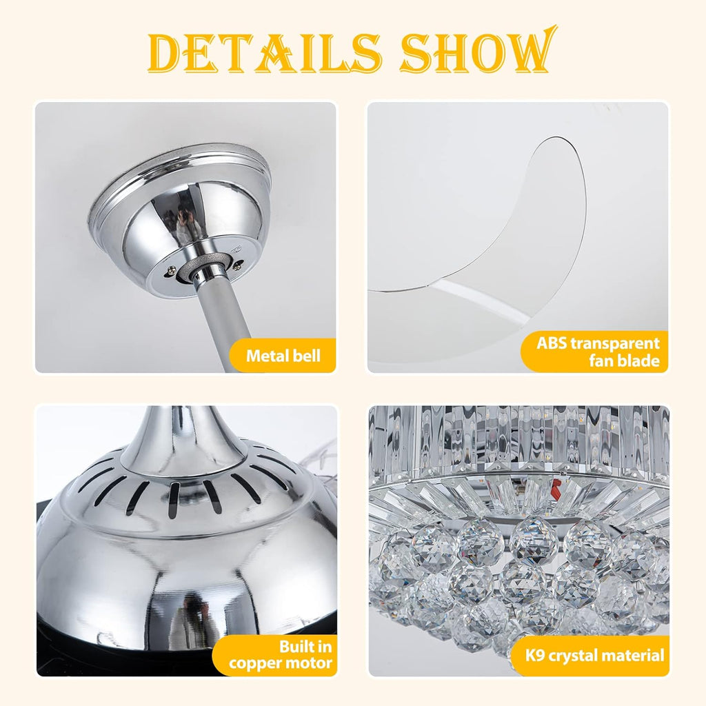36 Inch Crystal Ceiling Fan with Lights, Remote Control Retractable Invisible Blades B9063