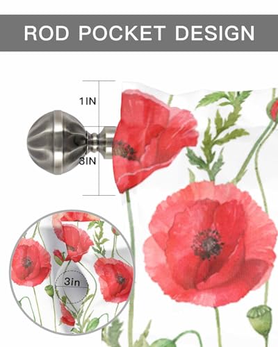 Watercolor Red Poppy Flower White Short Kitchen Curtains 54x18IN K9782