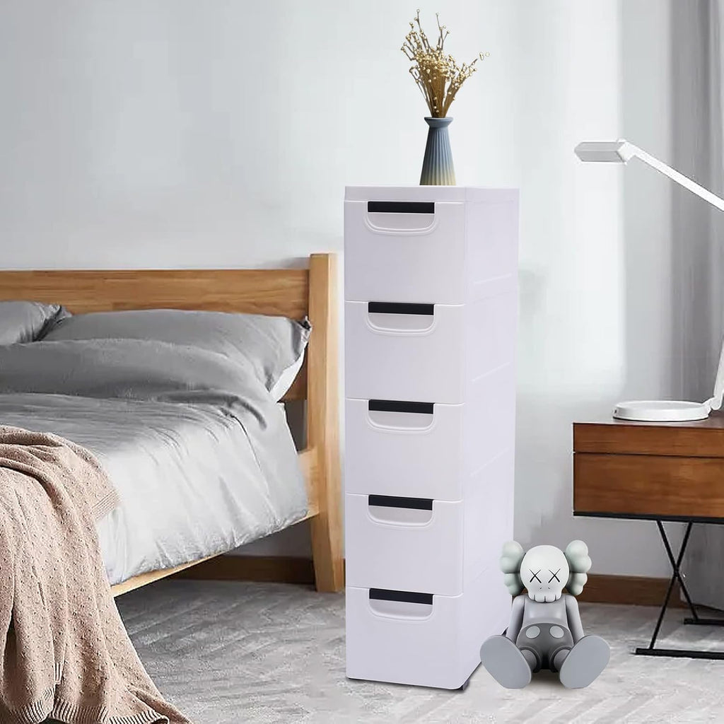 White 5 Tier Plastic Storage Tower with Wheels W929085