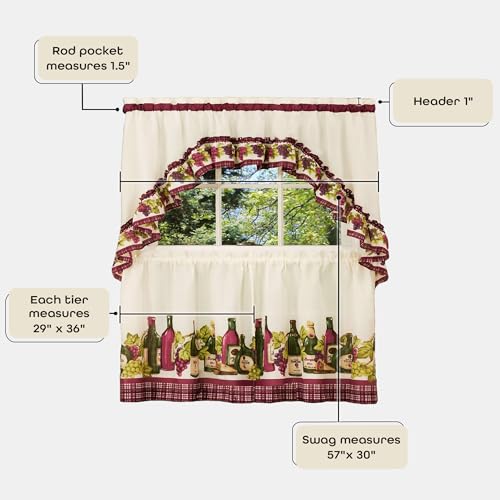 Light Filtering Printed Tier & Swag Window Curtain Set, 57 Inch Length, 24 Inch Width, Chardonnay, Machine Washable V65876