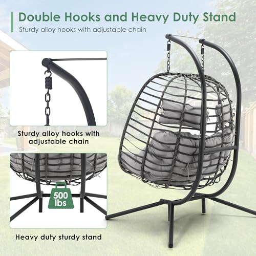 Double Egg Swing Chair with Stand, Hand Made Rattan Wicker, Metal Frame S854