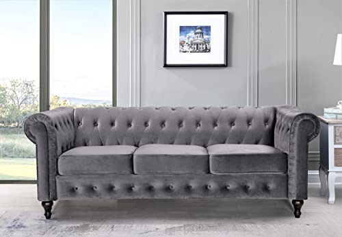 3-Piece Velvet Chesterfield Sofa Set, Grey J963728