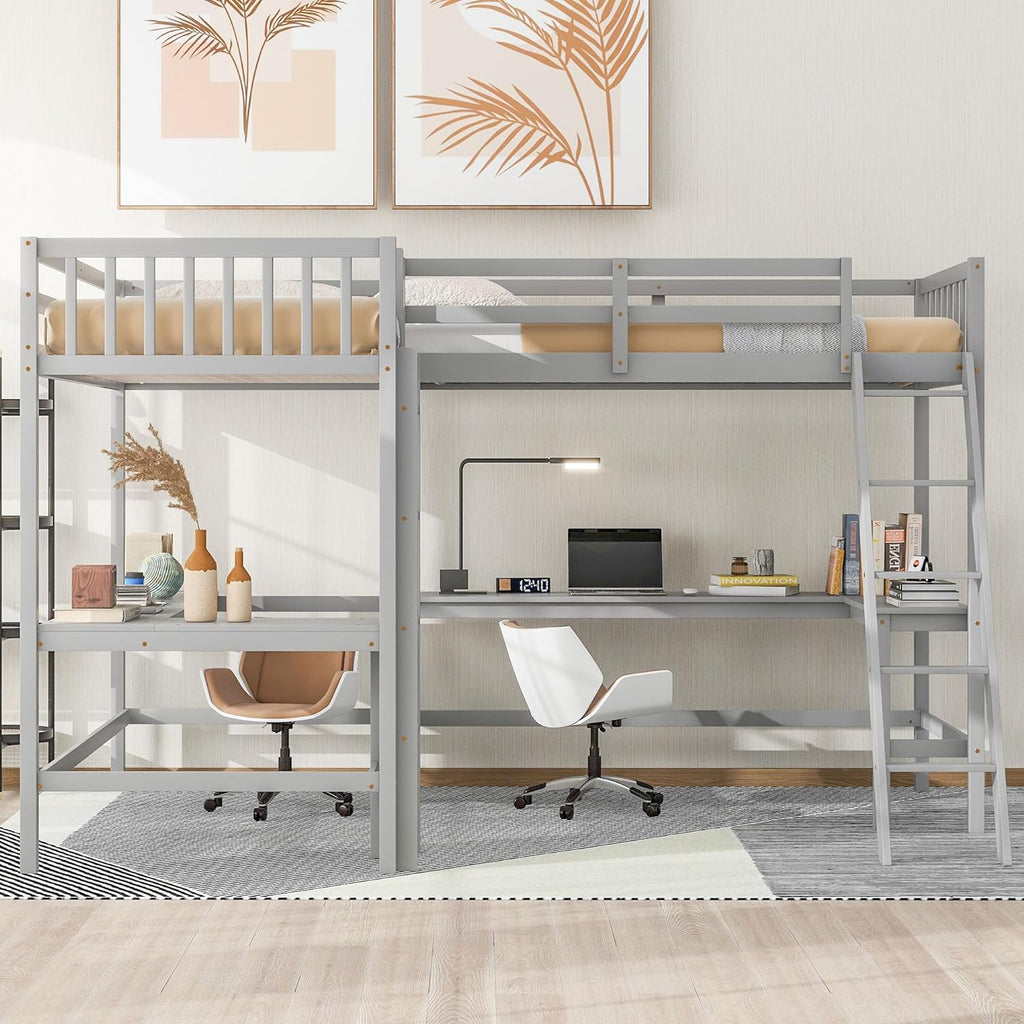 Gray Twin Size L-Shaped Loft Bed with Ladder and 2 Built-in Desks B656