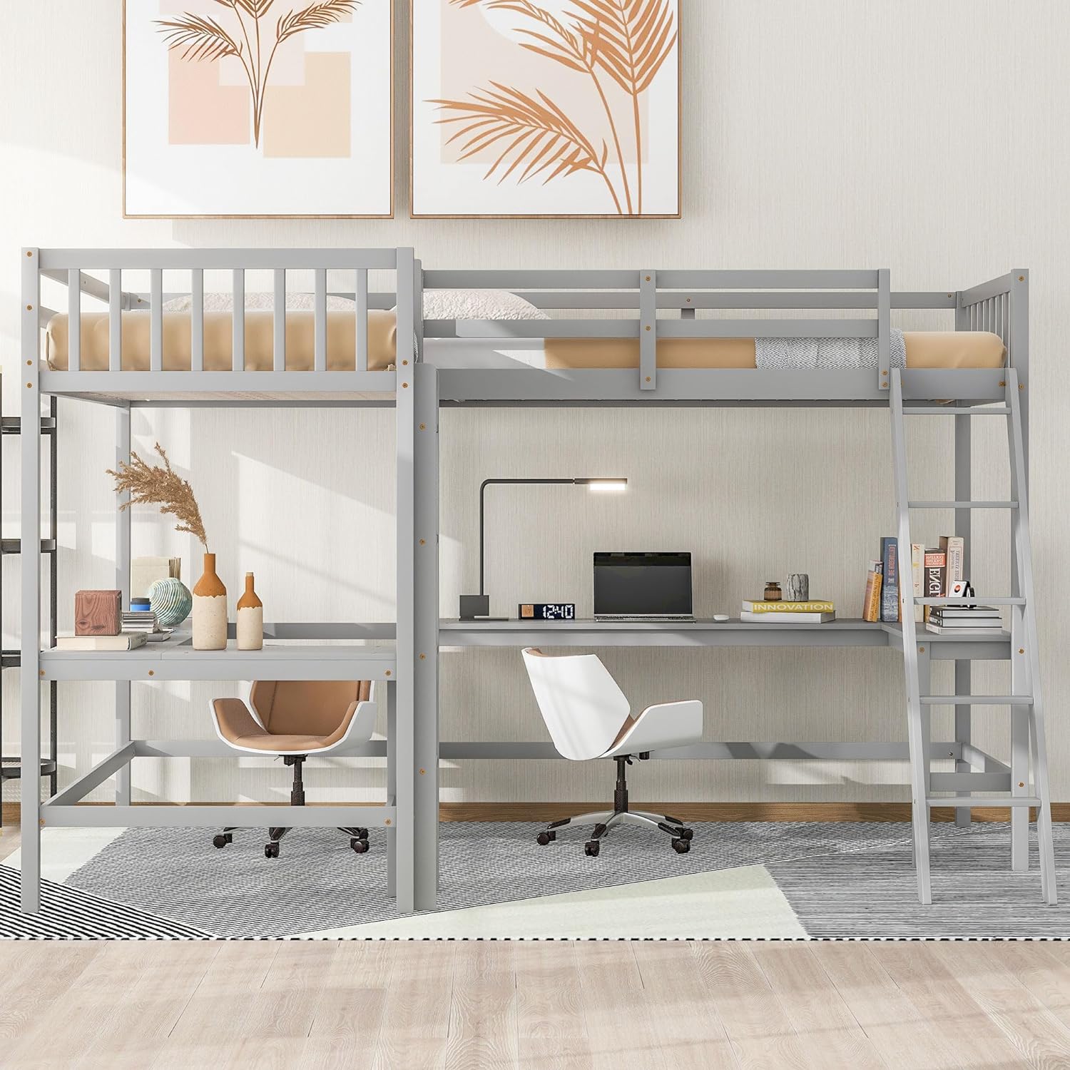 Gray Twin Size L-Shaped Loft Bed with Ladder and 2 Built-in Desks B656