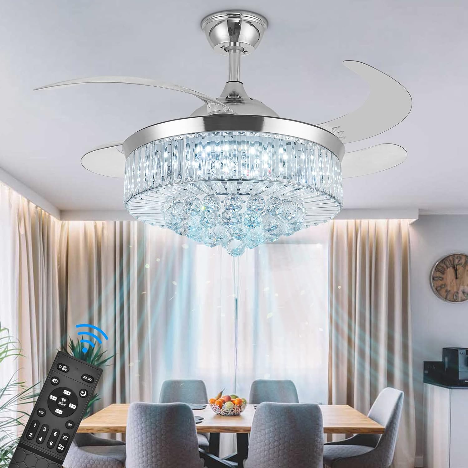 36 Inch Crystal Ceiling Fan with Lights, Remote Control Retractable Invisible Blades B9063