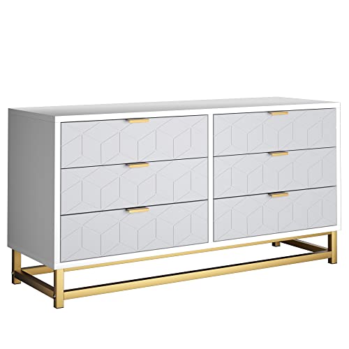 White 6 Drawer Wood Dresser with Metal Legs C231