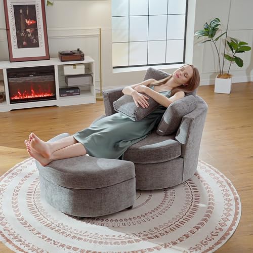 White Large Swivel Accent Barrel Chair with Ottoman S33878