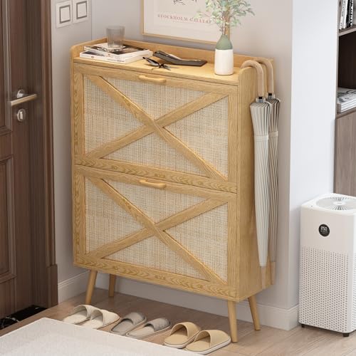 Natural Freestanding Rattan Shoe Cabinet with 2 Flip Drawers P119427