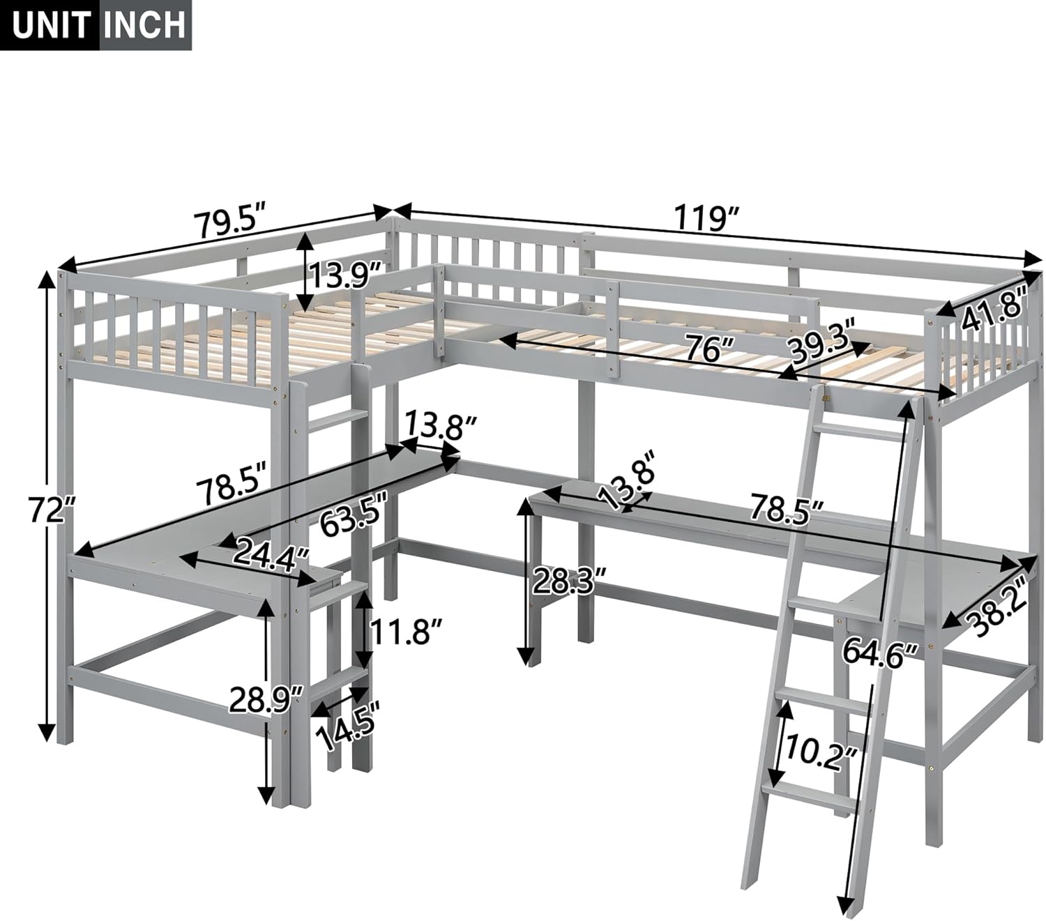 Gray Twin Size L-Shaped Loft Bed with Ladder and 2 Built-in Desks B656