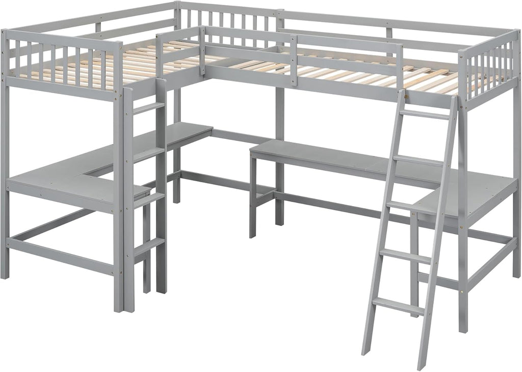 Gray Twin Size L-Shaped Loft Bed with Ladder and 2 Built-in Desks B656