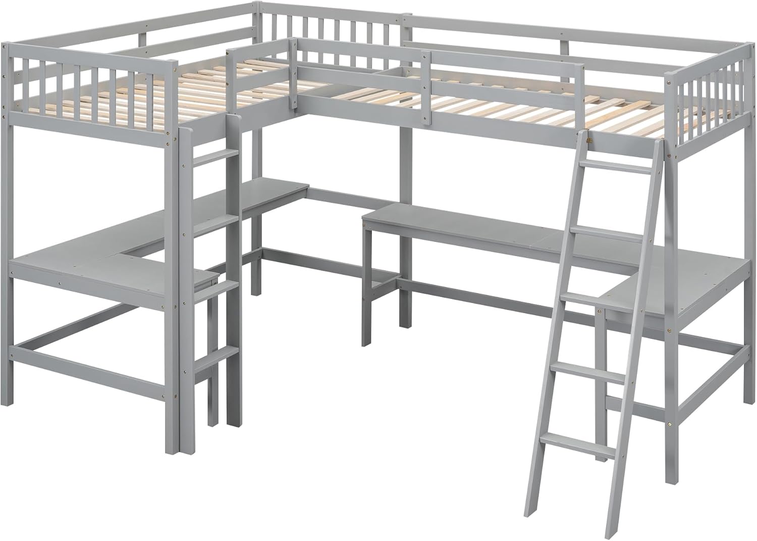 Gray Twin Size L-Shaped Loft Bed with Ladder and 2 Built-in Desks B656