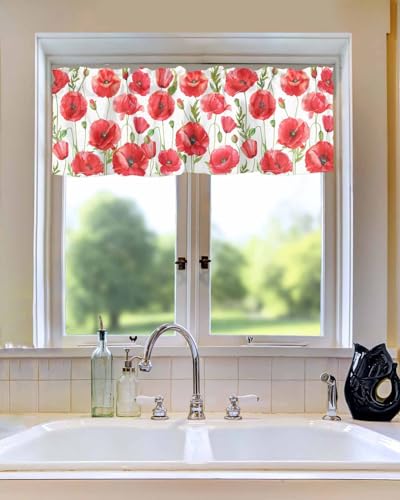 Watercolor Red Poppy Flower White Short Kitchen Curtains 54x18IN K9782
