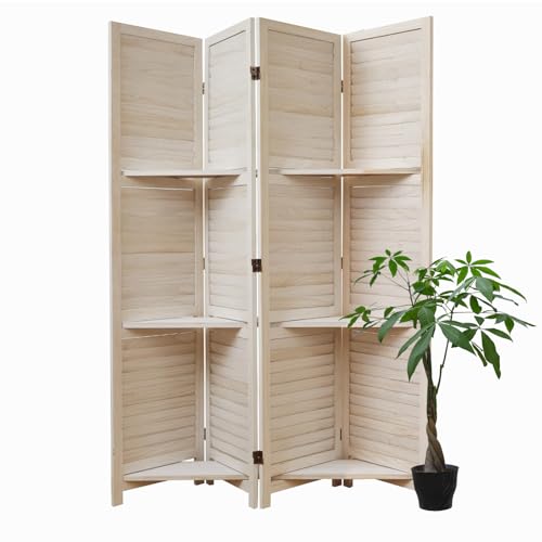 6 Panels Brown Folding Wood Room Divider with Shelves R7795