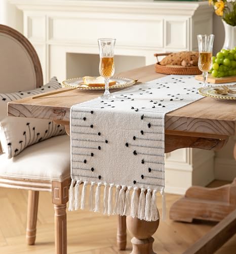 Natural Cotton Woven Table Runner with Tassels, Red and Beige X719890