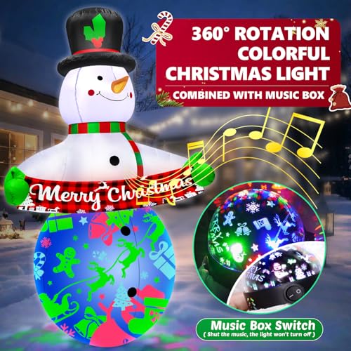 7FT Christmas Inflatables Snowman with Built-in Music & 360° Rotation Colorful Projector LED Light W59477