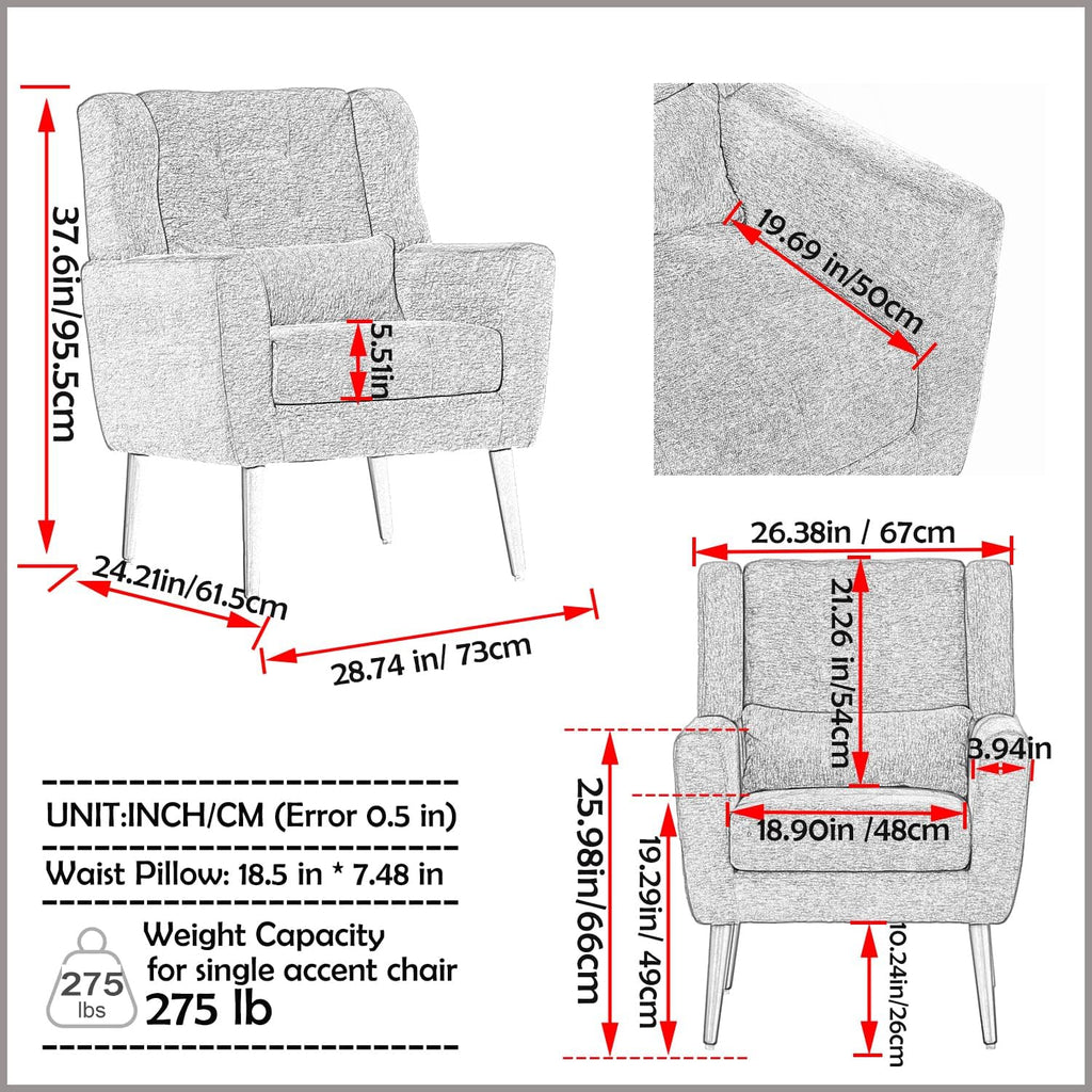Chenille Upholstered Accent Chair with Pillow, Solid Wood Leg R35813