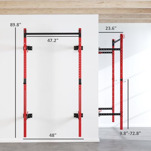Red Wall Mounted Folding Squat Rack with Pull Up Bar, 1000 Pounds Capacity C116088