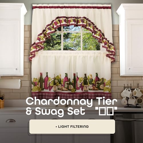 Light Filtering Printed Tier & Swag Window Curtain Set, 57 Inch Length, 24 Inch Width, Chardonnay, Machine Washable V65876