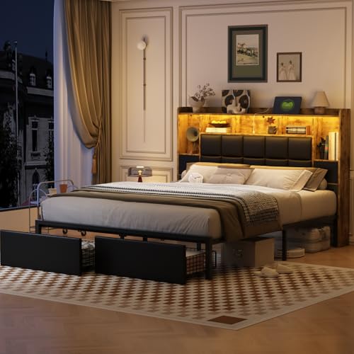 Full Size LED Upholstered Platform Bed Frame with Bookshelf Headboard and 2 Hidden Storage Drawers C231257